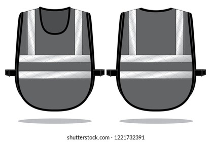 Safety Gray Vest With Gray Reflective Tape Design On White Background.Front and Back View, Vector File.