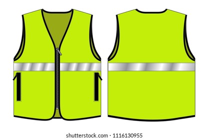 Safety Green Vest with Single Silver Reflective Tape Design on White Background. Front and Back View.