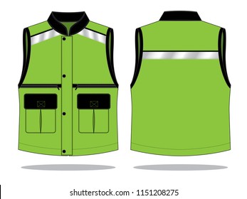 Safety Green-Black Vest With Gray Reflective Tape, Multi Pocket, Hidden Placket Zip Design On White Background.FrontAnd Back View.