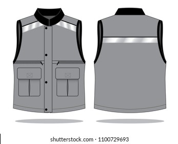 Safety grey-black vest with multiple pockets and placket hidden zip, silver reflective tape design onwhite background, vector file.