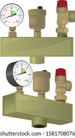 Safety group for heating systems, consisting of an air vent, a relief valve and a manometer.