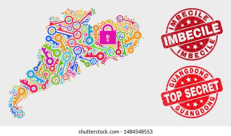 Safety Guangdong Province map and stamps. Red rounded Top Secret and Imbecile scratched seal stamps. Colored Guangdong Province map mosaic of different safety symbols.