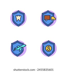 Safety and guarantee icon set. Truck, airplane, tooth and dollar sign in shields. Insurance and protection concept. Vector illustration web design apps