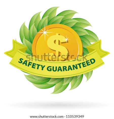 Safety Guaranteed green label icon with leaves and tape banner