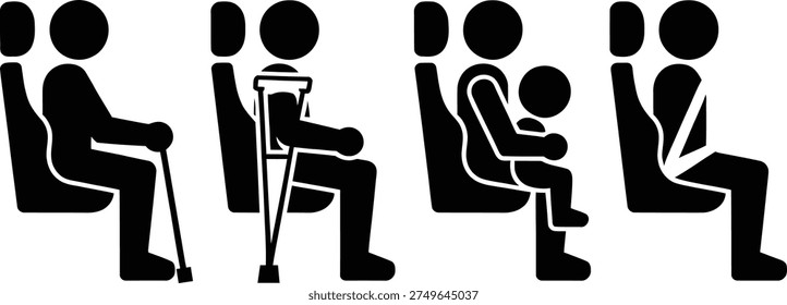 Safety guidelines for passengers with disabilities or injuries and seatbelt usage illustrated in simple graphics for easy understanding and compliance.