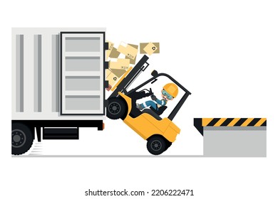 Safety in handling a fork lift truck. forklift overturning Maintain contact with the driver of the truck so as not to move it. Security First. Work accident. Industrial Safety and Occupational Health