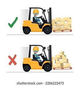 Safety in handling a fork lift truck. Make sure the load is properly stacked. Security First. Prevention of accidents at work. Industrial Safety and Occupational Health