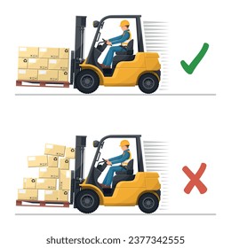 Safety in handling a fork lift truck. Make sure the load is properly stacked. Security First. Prevention of accidents at work. Industrial Safety and Occupational Health