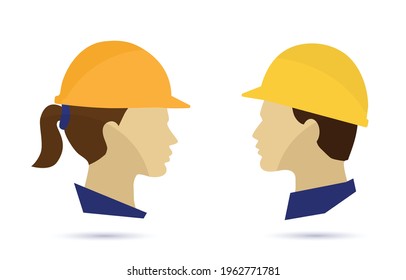 Safety hard hat colorful icon vector illustration isolated on the white background. Man and woman head profile