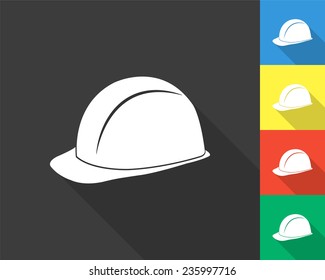 safety hard hat icon - gray and colored (blue, yellow, red, green) vector illustration with long shadow