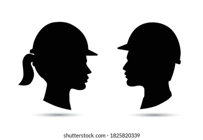 Safety hard hat icon vector illustration isolated on the white background. Man and woman head profile