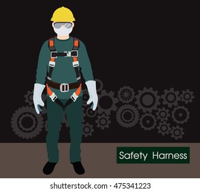 safety harness equipment and lanyard for work at heights, construction vector