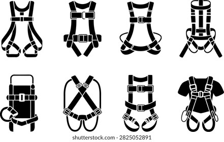 Safety harness and fall protection gear silhouette icon set for industrial workers