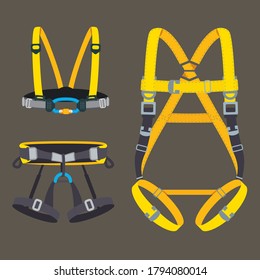Safety harness fall protection set. Climbing, mountaineering, abseiling or rappelling gear. Industrial or construction safety seat belt, chest and full body types. Vector illustration.