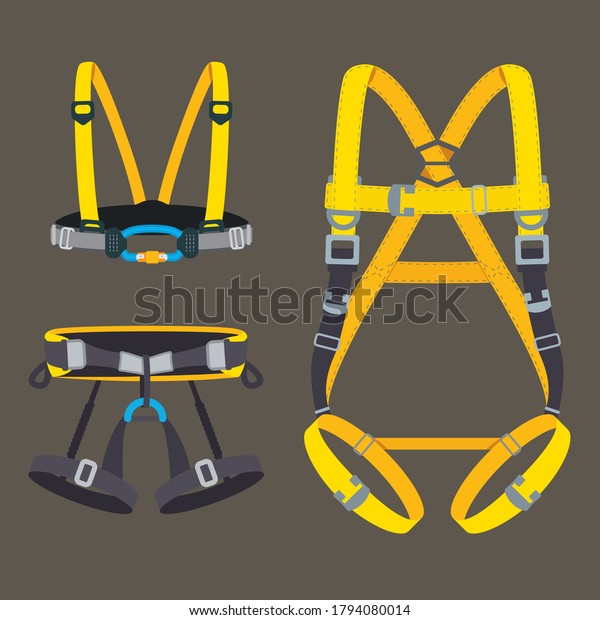 Safety harness\
fall protection set. Climbing, mountaineering, abseiling or\
rappelling gear. Industrial or construction safety seat belt, chest\
and full body types. Vector\
illustration.