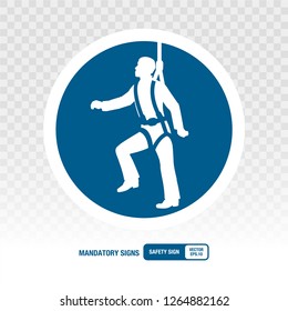 Safety harness must be worn sign. Vector illustration. White pictogram on a blue background. Round shape.