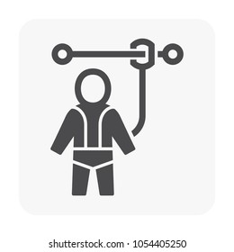 Safety Harness Vector Icon. That Uniform Or Tool With Rope Or Cable Is Personal Protective Equipment (PPE) For Wear To Work At Height Building To Protect, Safe Or Prevent Builder Person Fall, Injury.