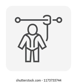 Safety harness vector icon. That uniform or tool with rope is personal protective equipment (PPE) for wear to work at height building to protect or safe or prevent builder person fall, injury. 64x64px