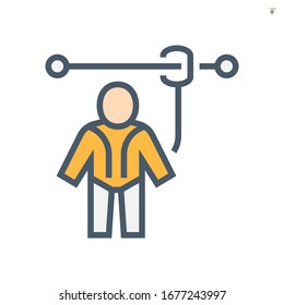 Safety harness vector icon. That uniform or tool with rope or cable is personal protective equipment (PPE) for wear to work at height building to protect, safe or prevent builder person fall, injury.
