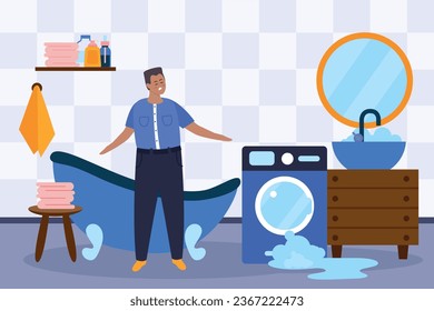 Safety hazard flat composition with broken washing machine vector illustration