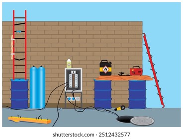 Riesgo de seguridad en la Ilustración vectorial del lugar de trabajo. Condición no segura en el proyecto de sitio.