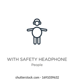 Con un icono de seguridad para auriculares. Claro lineal con el icono de contorno de auriculares de seguridad aislado en fondo blanco de la colección de personas. Signo vectorial de línea, símbolo para web y móvil