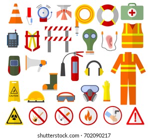 Safety and health protection equipment elements collection, flat icons set, Colorful symbols pack contains - Safety helmet, glasses, headphones, mask, gloves vector illustration. Flat style design