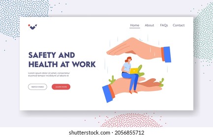 Safety And Health At Work Landing Page Template. Tiny Office Woman Character Sit At Huge Hand Covered With Palm Protected From Rain. Employee Girl Under Leader Protection. Cartoon Vector Illustration