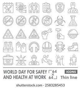 Safety and health at work symbols collection or sketches. world labor day theme icons in thin line style signs for web and app. Vector graphics isolated on white background