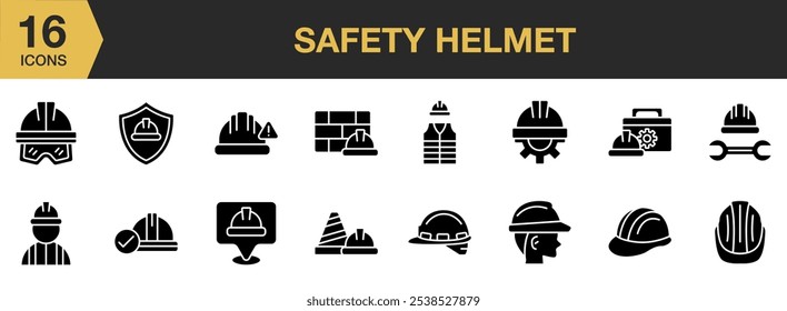Conjunto de ícones sólidos do leme de segurança. Inclui ícones de capacete de segurança e Mais. Coleção vetorial de ícones sólidos.