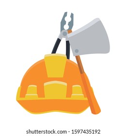 safety helmet with ax and pliers tools over white background, vector illustration