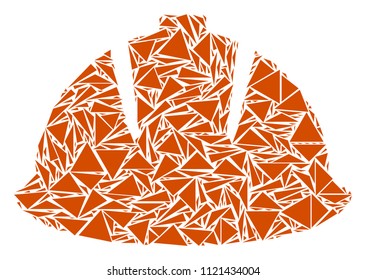 Safety helmet collage of triangle items in various sizes and shapes. Vector triangles are grouped into safety helmet shape. Geometric abstract vector illustration.