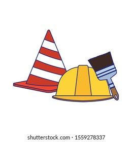 safety helmet and cone with paint brush over white background, vector illustration