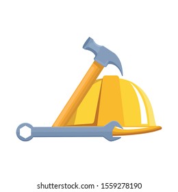 safety helmet with hammer and wrench over white background, vector illustration