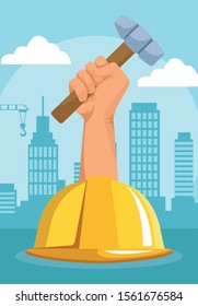 safety helmet and hand holding a hammer over urban city buildings background, colorful design , vector illustration