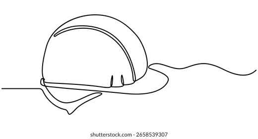  Safety helmet hardhat continuous one line drawing vector illustration, Continuous one line drawing of engineer safety helmet. One line drawing illustration of contractor hat. Engineer tool concept.