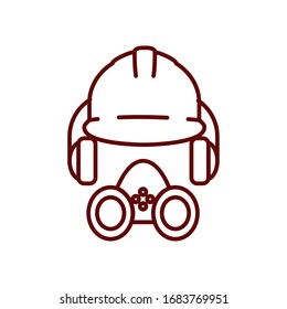 safety helmet, headphones and gas mask icon over white background, line style, vector illustration