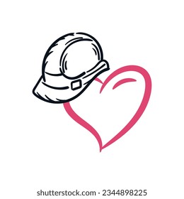 Safety helmet and heart love drawing concept. Labor day, love your job, hand drawn doodle icon logo vector illustration