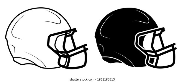 safety helmet icon with grille mask for playing American football. Protecting the athlete from injury. Black and white vector