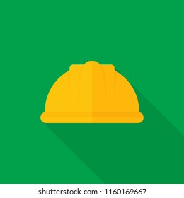 Safety helmet icon with long shadow on green background, flat design style