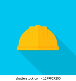 Safety helmet icon with long shadow on blue background, flat design style