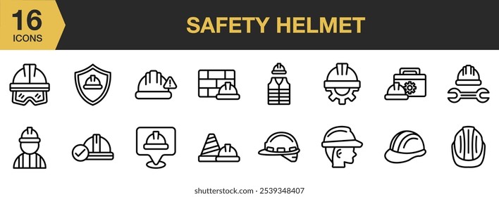 Sicherheitshelm-Symbolsatz. Beinhaltet Symbole für Schutzhelme und mehr. Gliederungssymbole, Vektorsammlung.