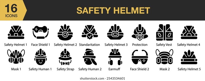 Safety Helmet icon set. Includes earmuff, face shield, mask, protection, safety strap, and More. Solid icons vector collection.