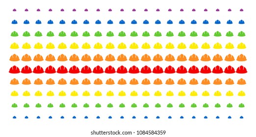Safety Helmet icon spectrum halftone pattern. Vector objects organized into halftone matrix with vertical rainbow colors gradient. Designed for backgrounds, covers, templates and abstraction effects.