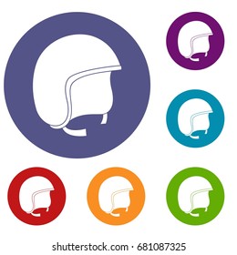 Safety helmet icons set in flat circle red, blue and green color for web