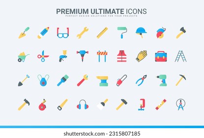 Safety helmet and vest for worker, spanner and hammer, paint. Construction diy tools and equipment for carpentry, building and repair work trendy flat icons set vector illustration