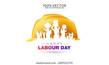 Safety helmet with workers for Happy Labour Day Banner Design.
