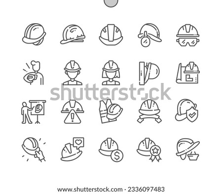Safety helmets. Best helmet. Construction. Work protection and safety. Pixel Perfect Vector Thin Line Icons. Simple Minimal Pictogram