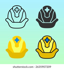 Safety helmets with medical cross in bold, flat and colored styles, symbolizing health workers' protection in hazardous fields, ideal for emergency service media.