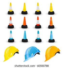 Safety helmets and traffic cones. vector illustration